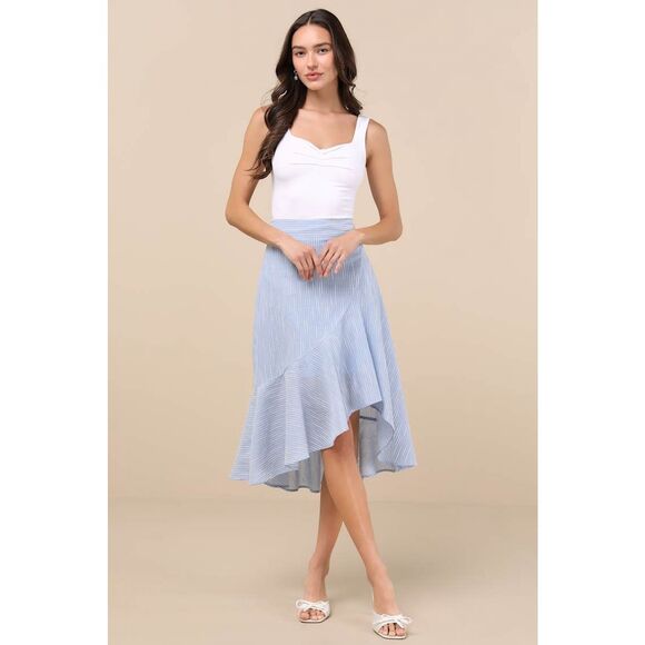 NEW Lulus By the Bay Light Blue White Striped Ruffled Midi Skirt size M Linen Bl - Picture 1 of 13